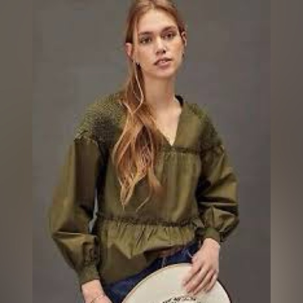 Anthropologie Olive Green V-Neck Smocked Peplum Blouse